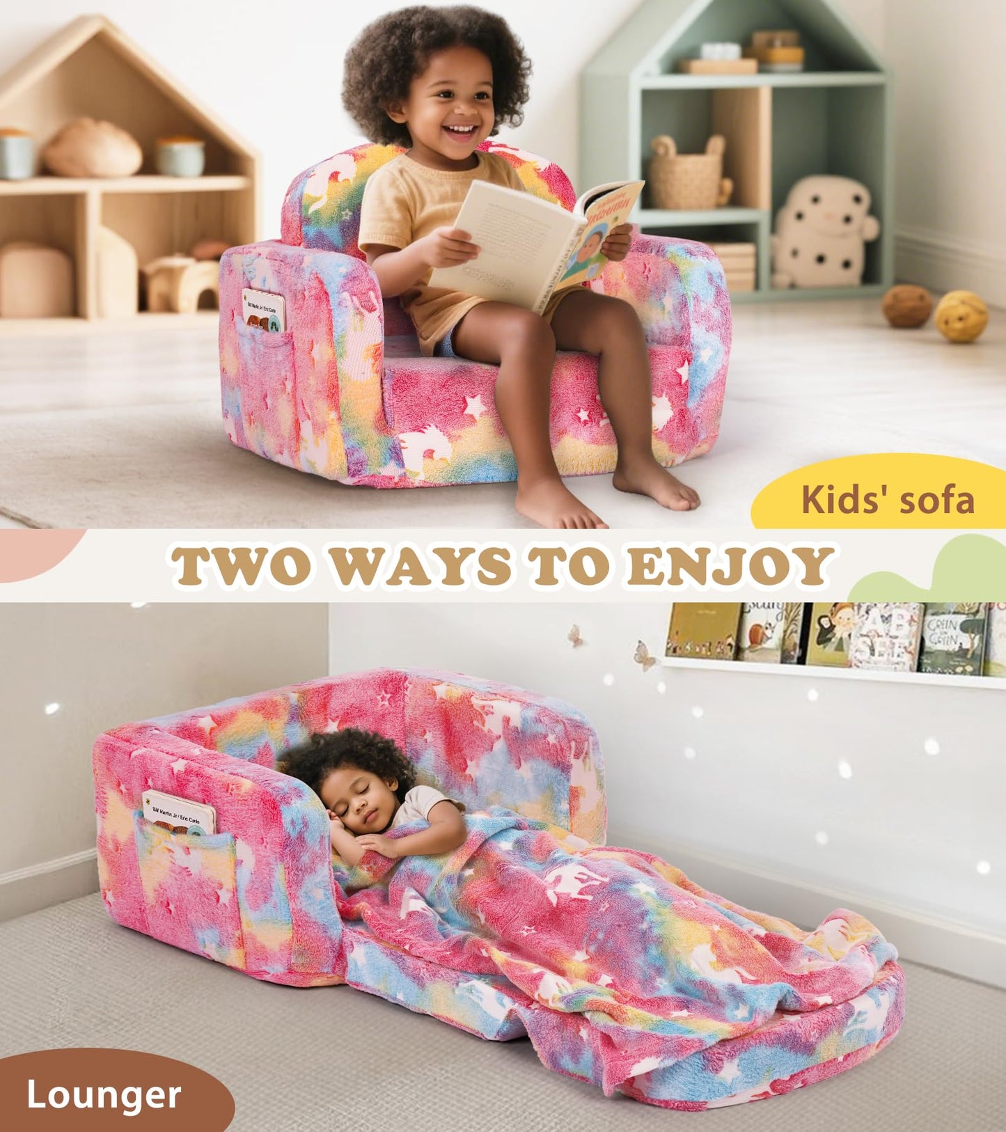 Kids Couch, 2-in-1 Soft Toddler Couch Fold Out with with Blanket and Cloud Pillow, Glow in The Dark, Toddler Chair Comfy, Convertible Sofa to Lounger, Gifts for Kids Girl Boys, Medium Pink Unicorn
