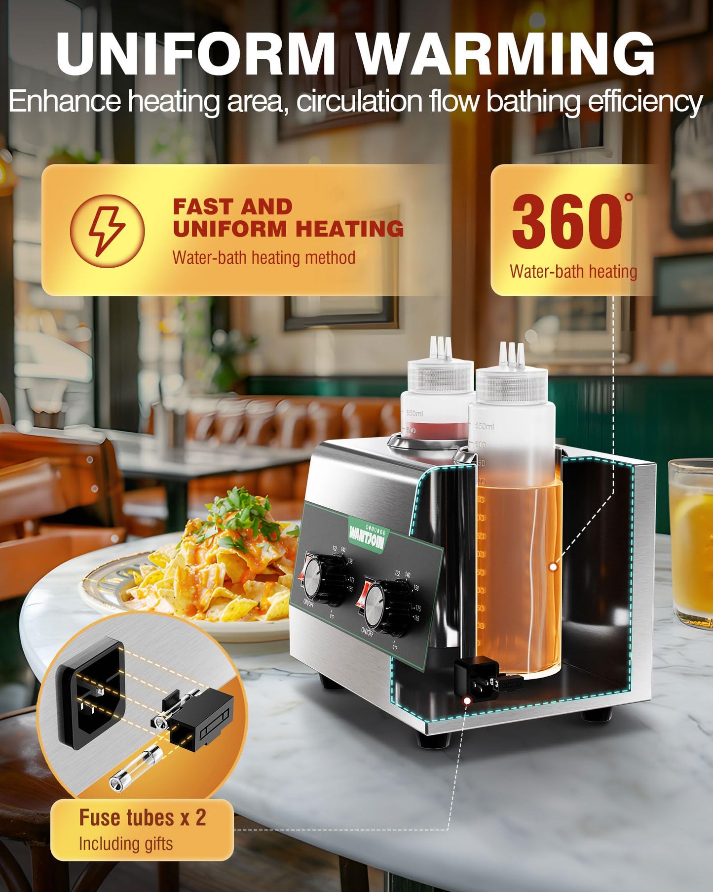 WantJoin Electric Sauce Warmer Dispenser Countertop Stainless Steel Sauce Heat Preservation Machine Hot Fudge Nacho Cheese Ketchup Chocolate Warmer for Commercial with 650ml Squeeze Bottle*2