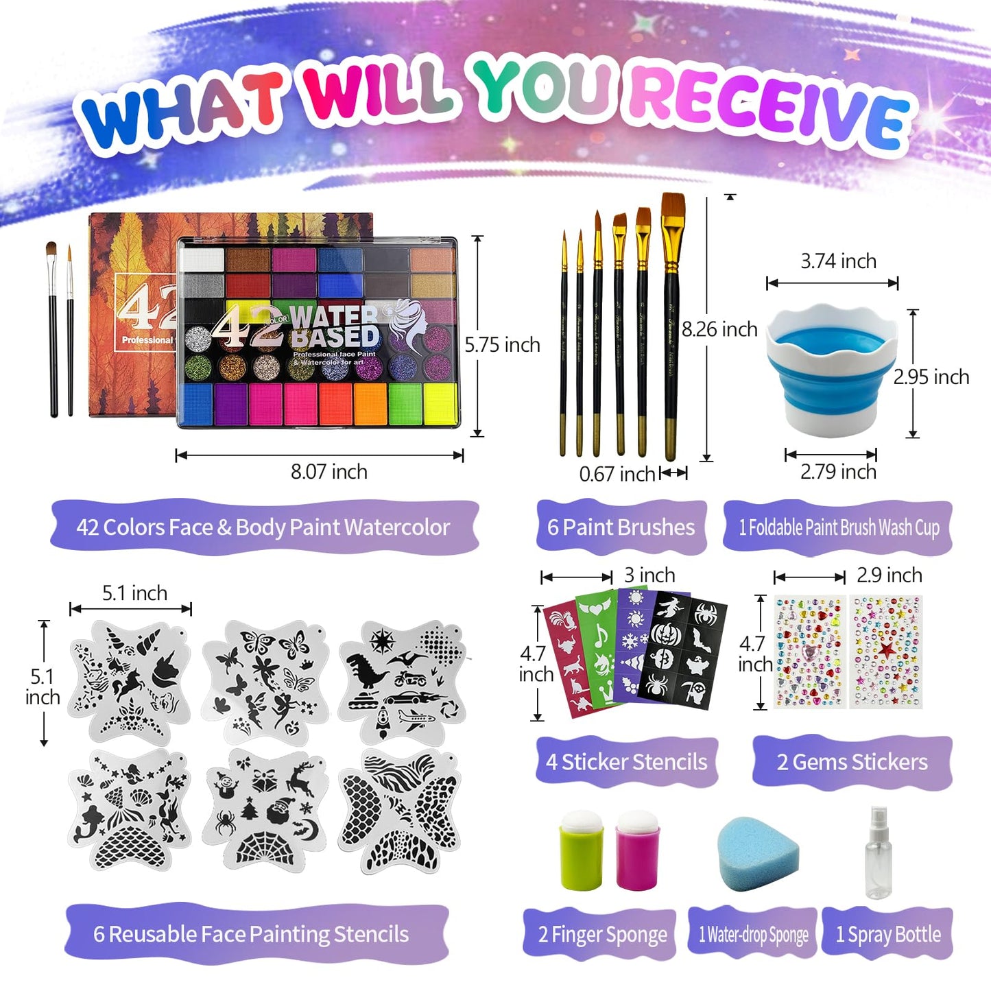 Professional Face Painting Kit for Kids,42 Color Water Activated Face Paint with Stencils,Brush,Wash Cup,Spray Bottle for Halloween, Parties, Carnival, School Event & Festivals (42-Color)