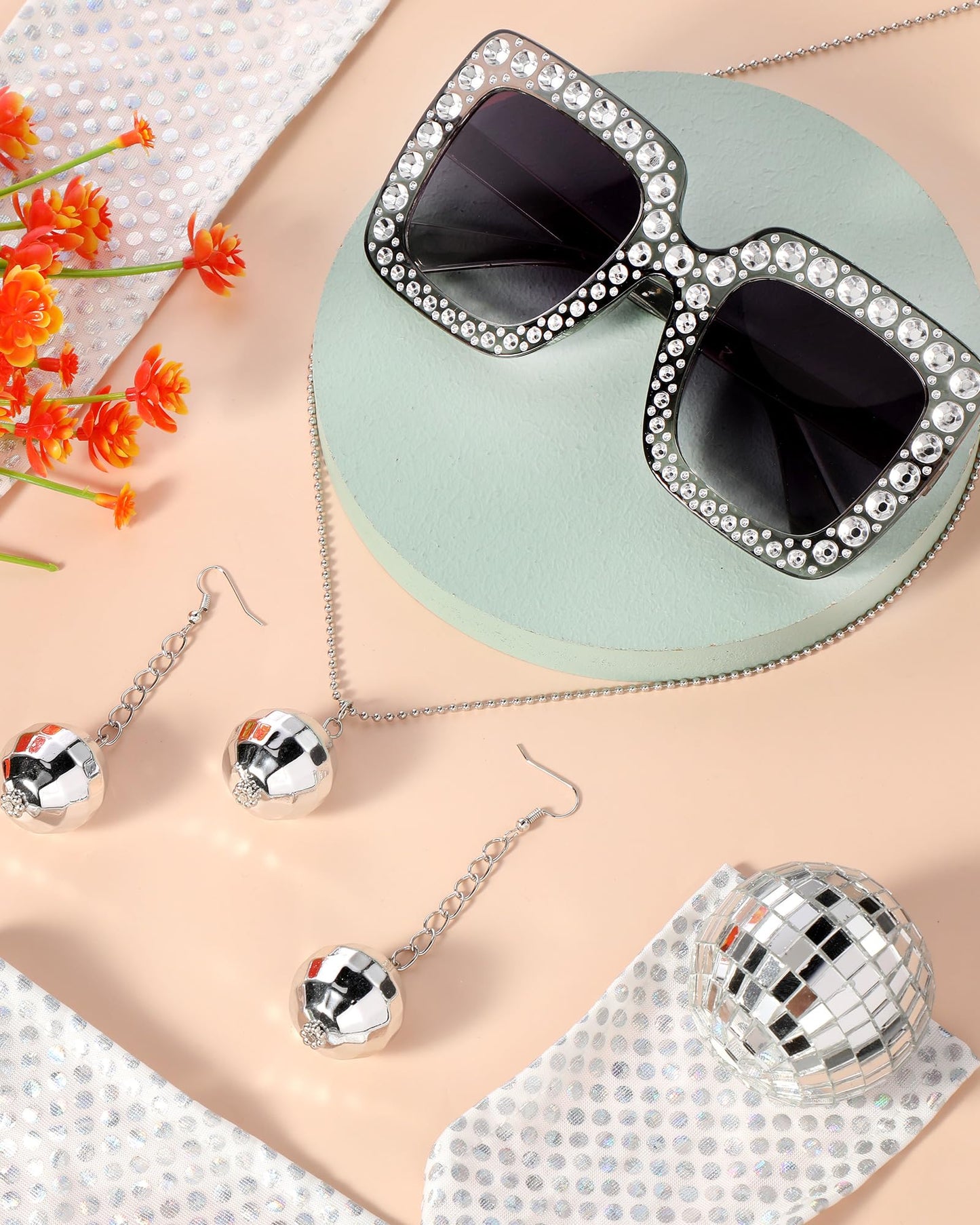 Halloween 70s Women Disco Outfit Costume Set Disco Party Top Pants Sunglasses Ball Necklace Earring Wig(White,Medium)
