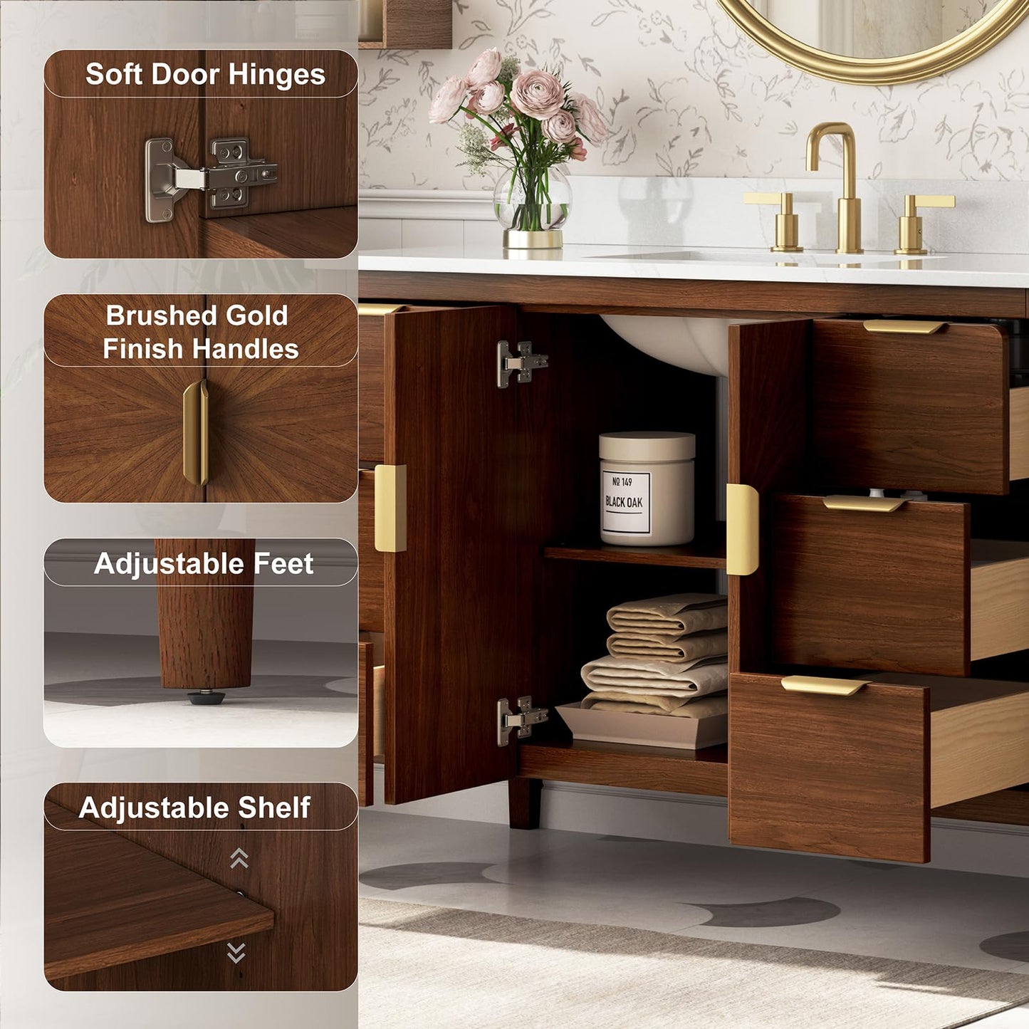 DELUXE LIVING 48 Inch Walnut Bathroom Vanity with Sink, Fully Assembled Solid Wood Bathroom Vanities with Soft Close Parquet Doors, Full Extension Dovetail Drawers, Calacatta Quartz Top & Backsplash