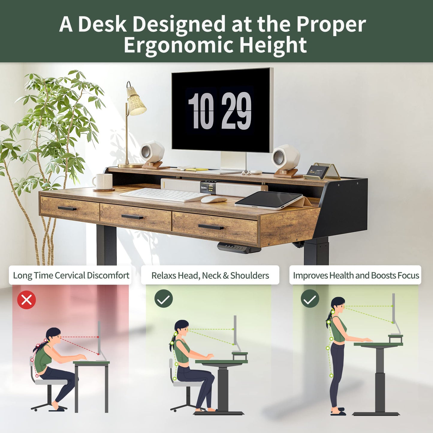 CubiCubi Standing Desk 48x26 Inches with 3 Wood Drawers and Monitor Shelf, Ergonomic Rising Home Office Desks, Height Adjustable Computer Desk, Sit Stand Up Electric Workstation Table, Brown