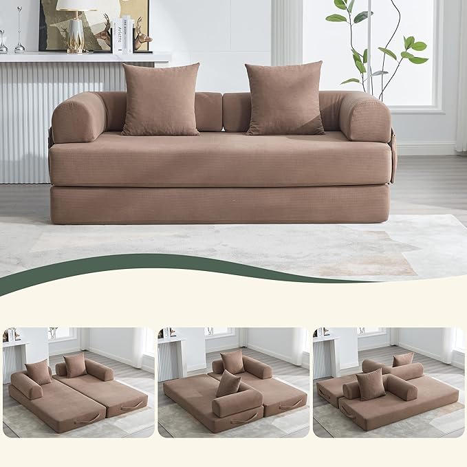 ZEIINPA Convertible Folding Mattress Couch, Comfy Corduroy Sleeper Floor Sofa Bed with Fixed-Shape Frame, Floor Sofa with Armrest, Lounge Couch for Living Room Bedroom Lounge Studio,Brown