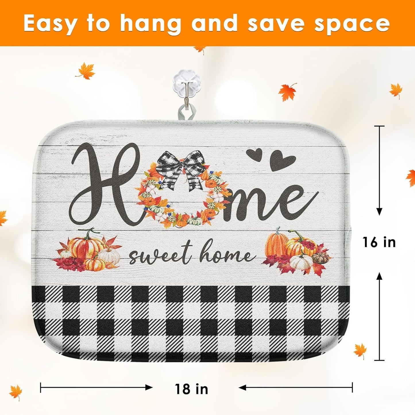 Sanwarm Absorbent Dish Drying Mat, Autumn Pumpkin Flower Microfiber Pad for Kitchen Counter, Fall Home Sweet Home for Coffee Bar Decor, Heat Resistant and Reversible, 16" x 18"