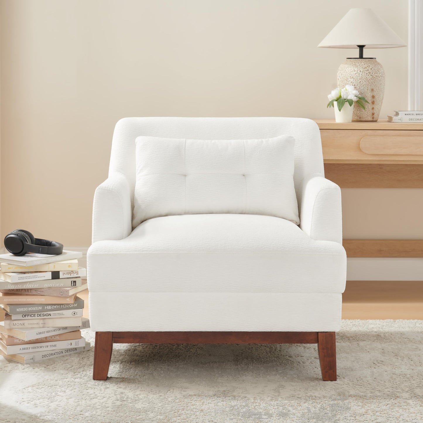 VANOMi Modern Accent Chair with Terry Fabric, Upholstered Armchair with Spring Package Cushion & Solid Wood Frame, Comfy Lounge Chair for Living Room, Bedroom, or Reading Corner, Terry, White