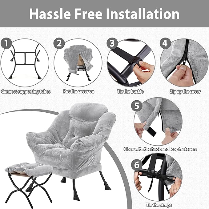 Youtanic Lazy Chair with Folding Ottoman, Accent Chair Plush Upholstered with Metal Structure and Non-Slip Pads, Sofa Armchair with Footrest and Side Storage Bag for Dorm, Room, Office, Light Gray