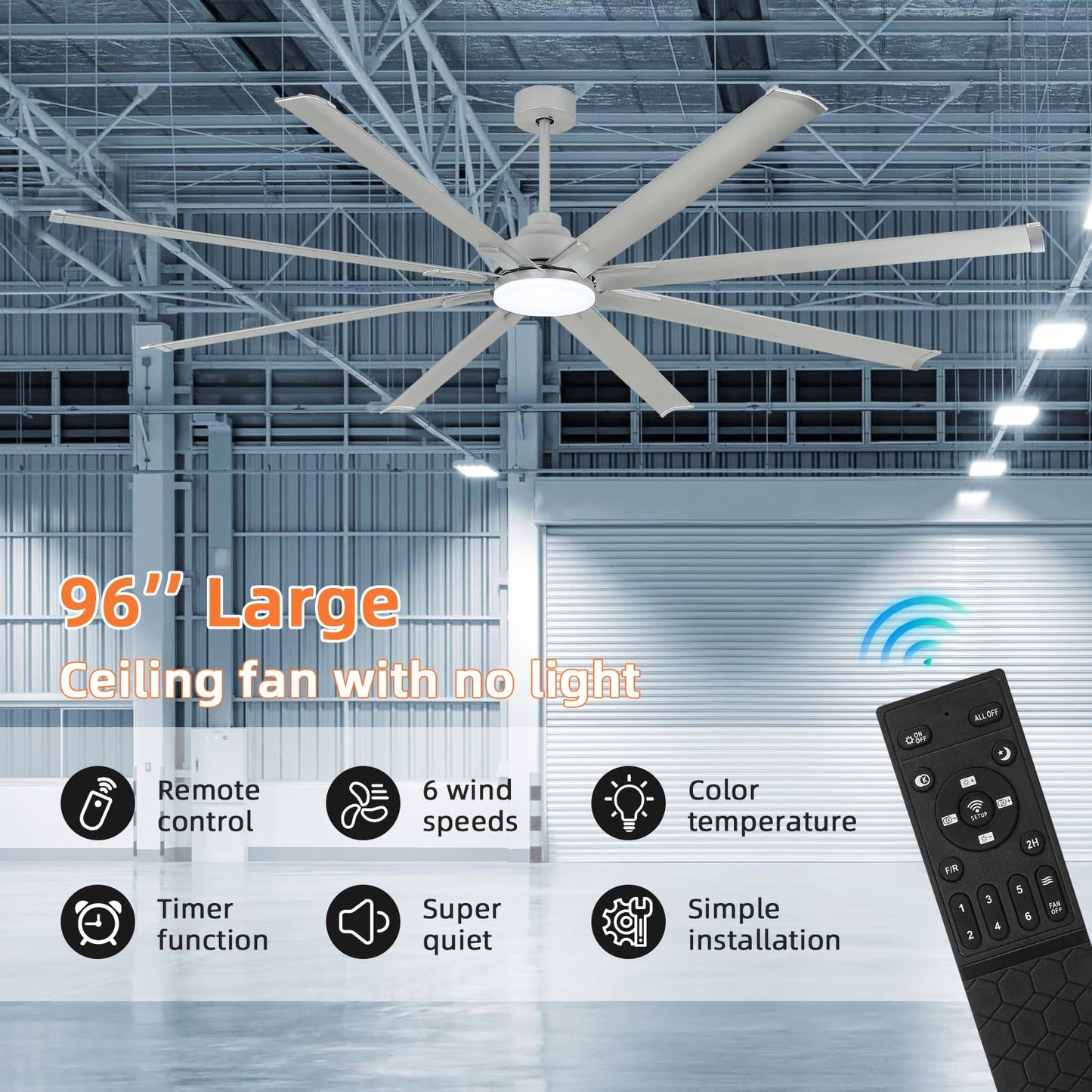 Yyehon 96 Inch Ceiling Fan With Light And Remote Control,Industrial Large Ceiling Fans With 8 Aluminum Blades, Silver,3Cct,Comme