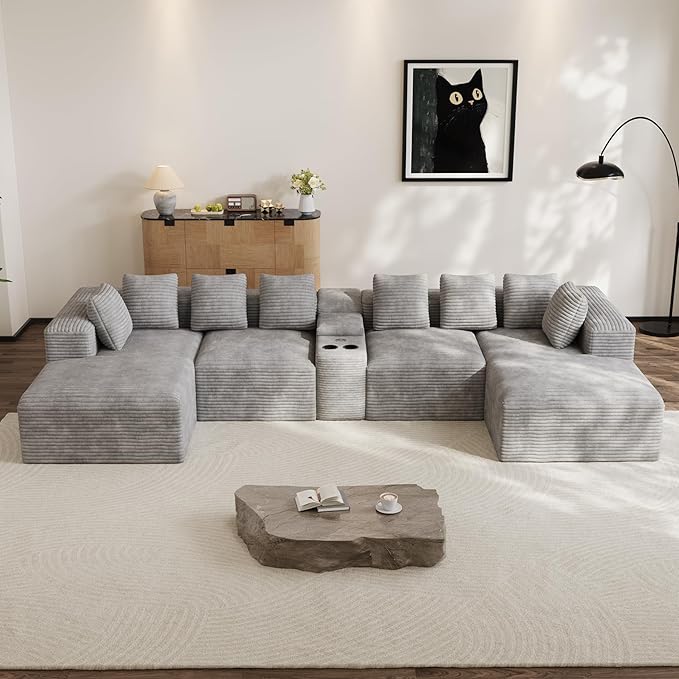Modular Sectional Sofa with USB Cup Holders Storage, 143" U Shaped Cloud Couch Plush Corduroy Deep Seat Boneless Sofas with Double Chaise Lounge Sectional Couches Memory Foam for Living Room - Grey