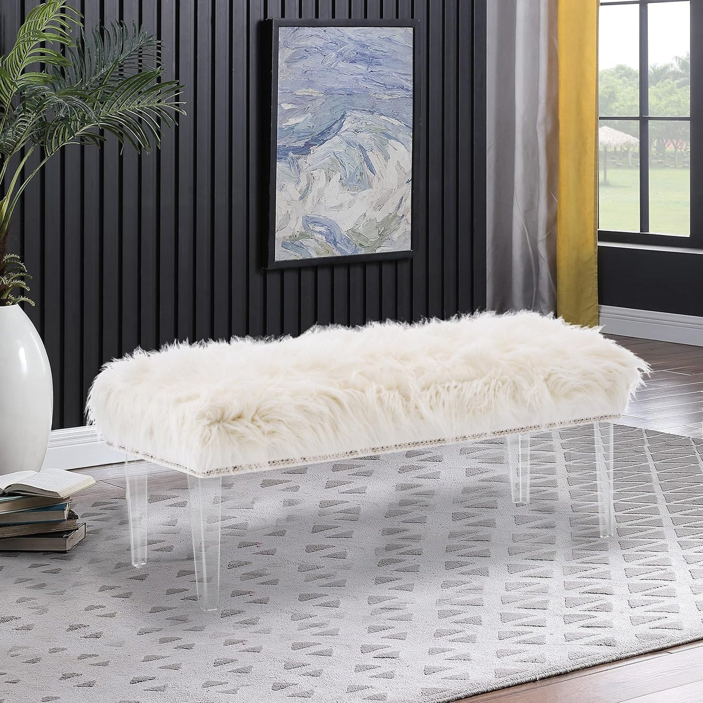 Deenziilix Entryway Ottoman Bench, Faux Fur Foot Rest Stool Shoe Bench, Upholstered Furry End of Bench, Ottoman Bench with Acrylic Legs for Bedroom, Makeup Room, Vanity or Bed End, Gift, White