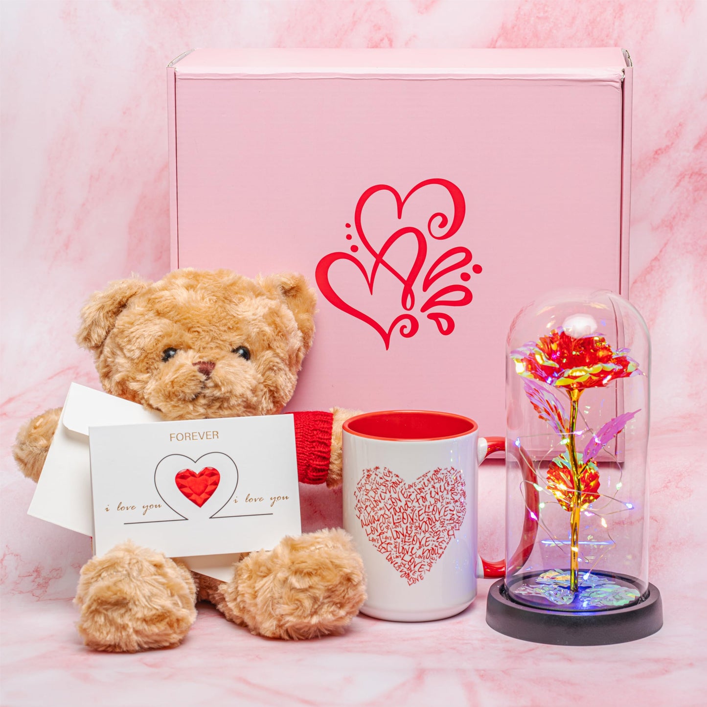 Ultimate Love Box 4 Piece Gift Set - 15oz Ceramic Mug, Soft Teddy Bear, Led Red Rose, Love Card - Romance Girlfriend Boyfriend Wife Husband Mom Dad Anniversary Birthday Valentines Christmas Gift