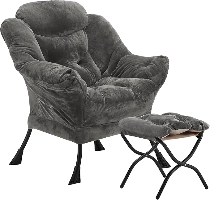 Youtanic Lazy Chair with Folding Ottoman, Accent Chair Plush Upholstered with Metal Structure and Non-Slip Pads, Sofa Armchair with Footrest and Side Storage Bag for Dorm, Room, Office, Dark Gray