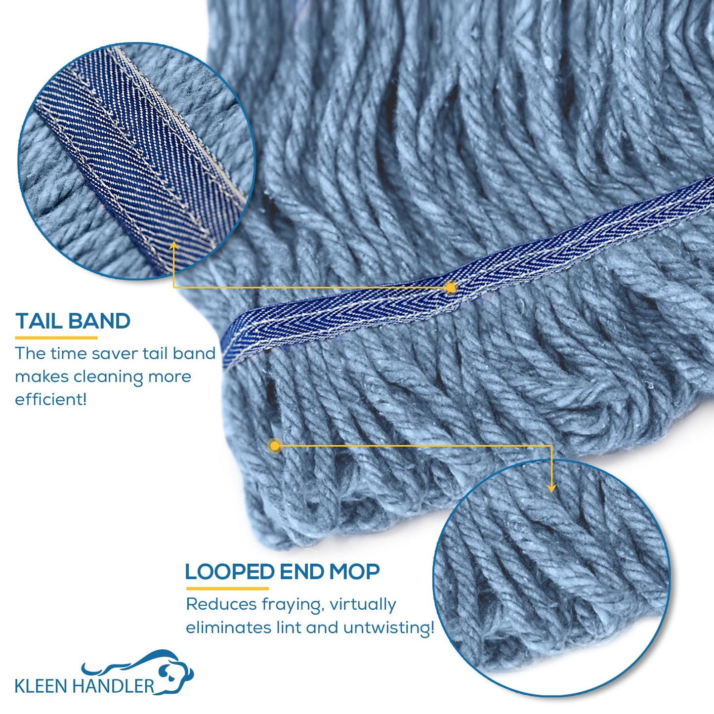 KLEEN HANDLER General Cleaning Mop Heavy Duty Commercial Replacement, Wet Industrial Blue Cotton Looped End String Head Refill (Pack of 3)