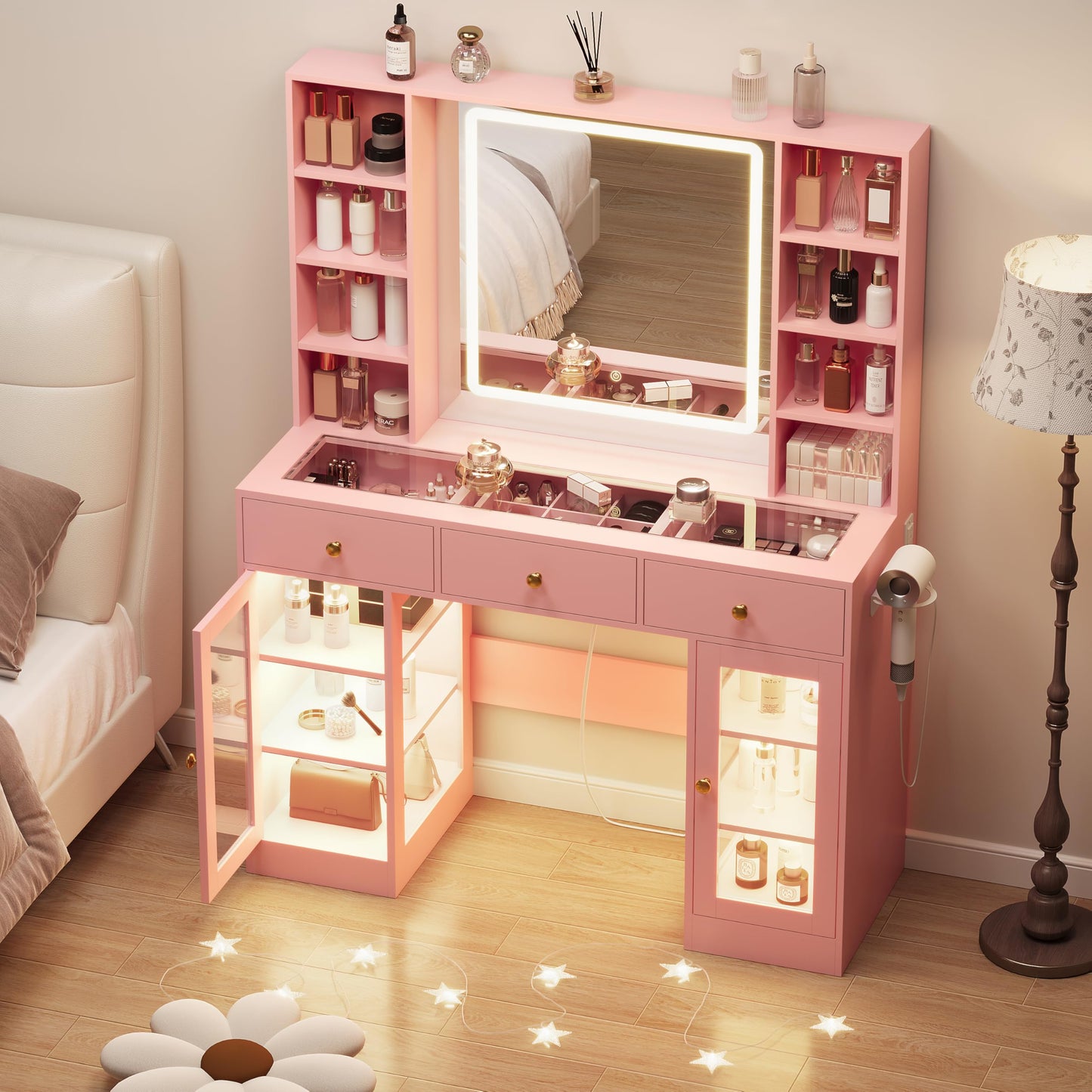Pink Vanity Desk with Mirror and Lights, 43.4" Makeup Vanity Table Set with Lighted Mirror & RGB Glass Cabinet, 3 Drawers, Glass Top Dressing Table with Large Shelves for Girls, 3 Color Modes