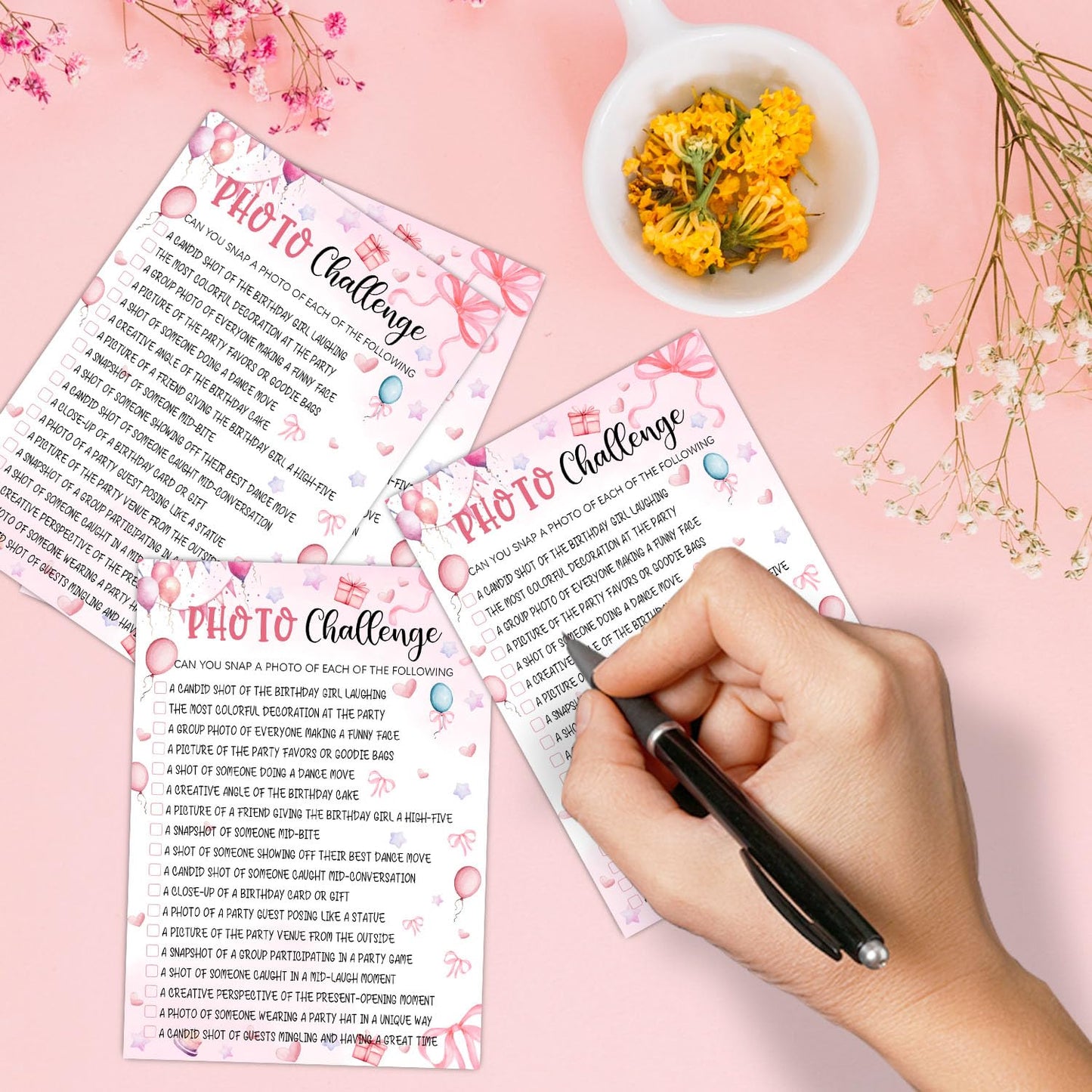 Pink Slumber Party Games Card - Coquette Pink Bow Themed Sleepover Slumber Party Supplies -Sleepover Stuff - Birthday Night Games Creative Idea -Photo Challenge- 20 Game Cards