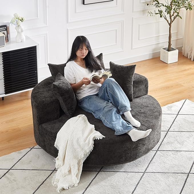 Oversized Round Swivel Chaise Longue Chair Indoor, Modern 55-inch 360 Degree Swivel Upholstered Waffle Chenille Deep Seat Circle Single Cloud Sofa Chair for Living Room Bedroom Apartment Office, Black