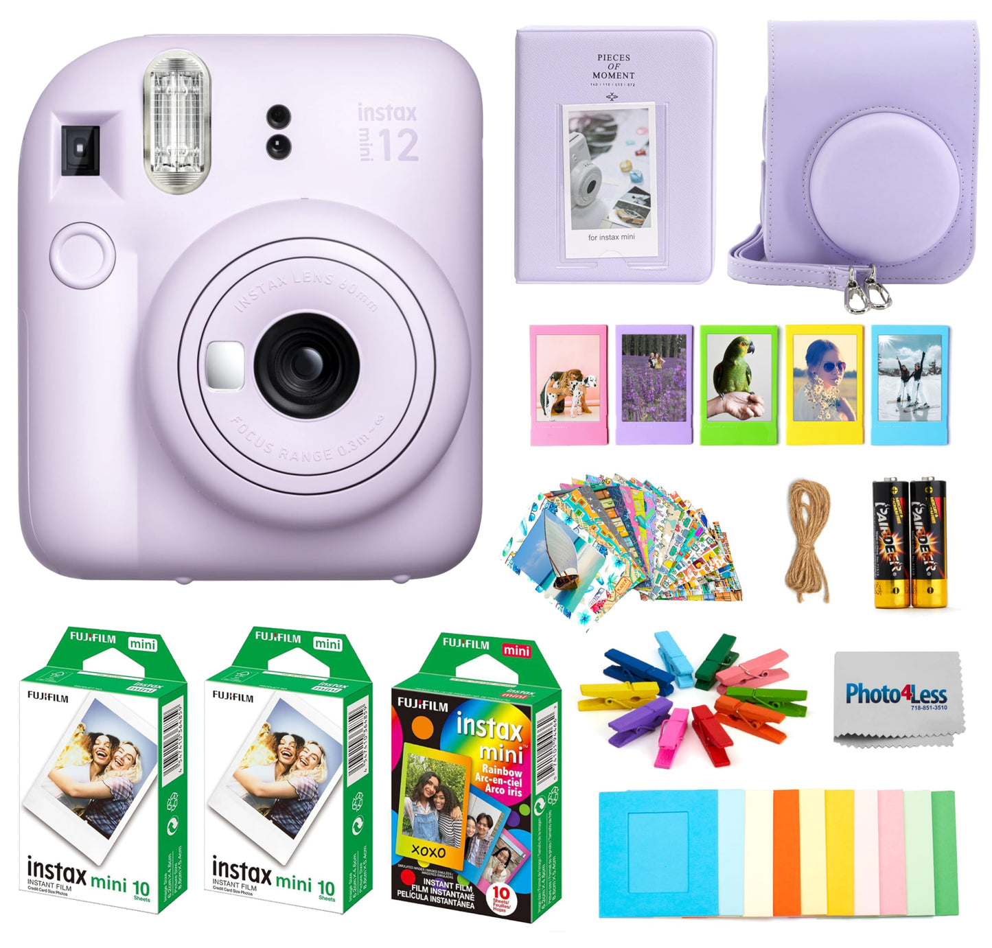 Fujifilm Instax Mini 12 Instant Film Camera, Fuji Instax Mini Film (20 Sheets), Fuji Rainbow Instant Film (10 Sheets), Protectiv