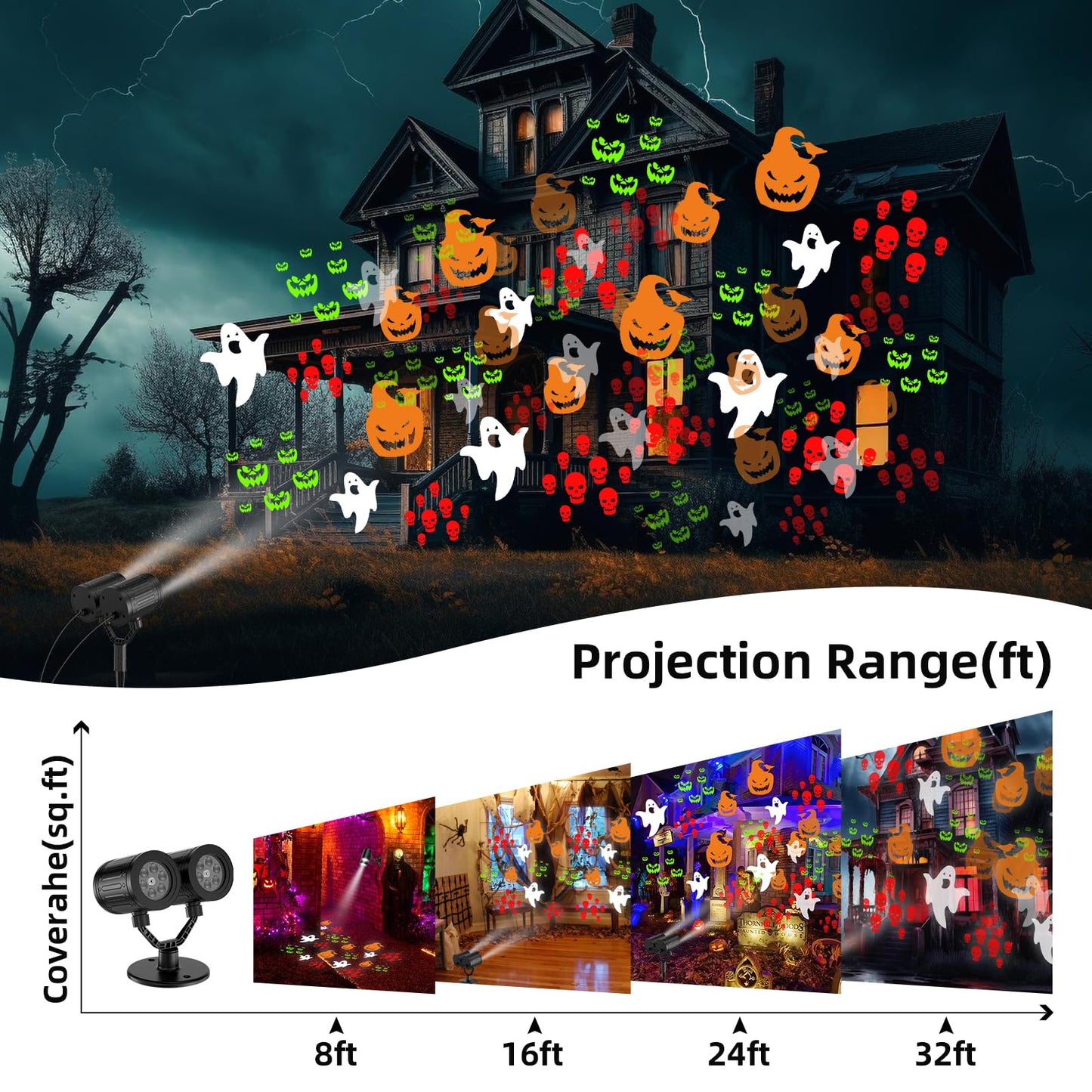 afzdby Double Head Halloween Projector Lights Outdoor with Timer,IP65 Waterproof Dynamic Halloween Ghost Skeleton Pumpkin Devil Face Lights for Home Window Wall Decor