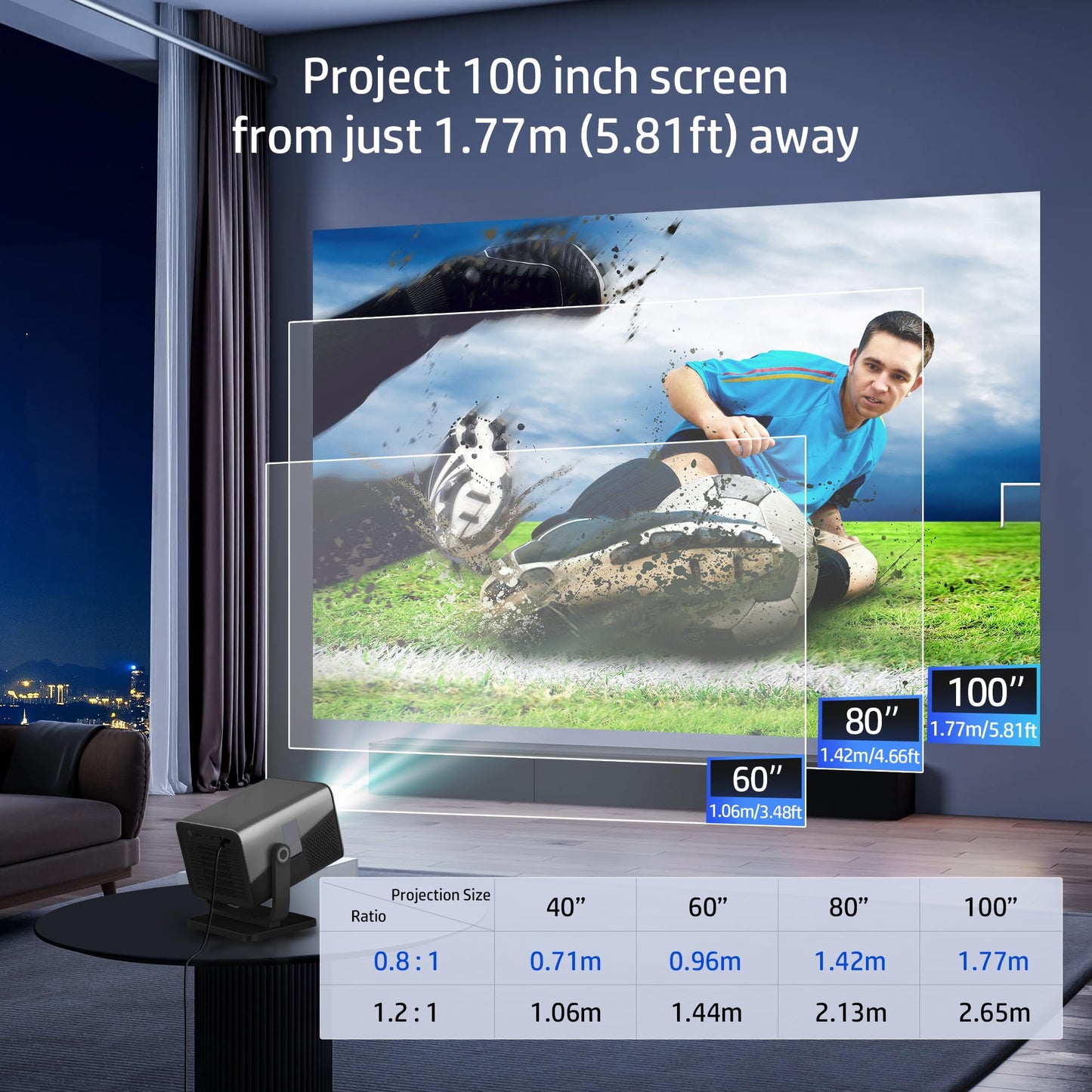 HP MC475 Official Licensed App Native 1080P Full HD Mini Projector with WiFi & Bluetooth, Portable Projector 4K Support, Auto Focus, Short Throw Smart Movie Projector for Outdoor & Bedroom