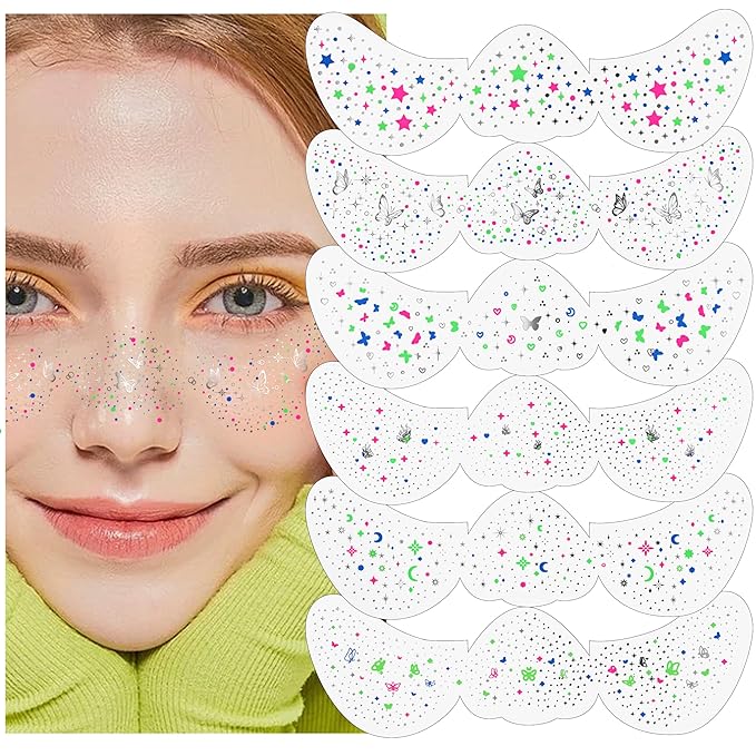 Noerrors 6 Styles Glitter Freckle Face Tattoo Sticker Sparkling Holographic Multichrome Speckle Patches Multi-color Face G...