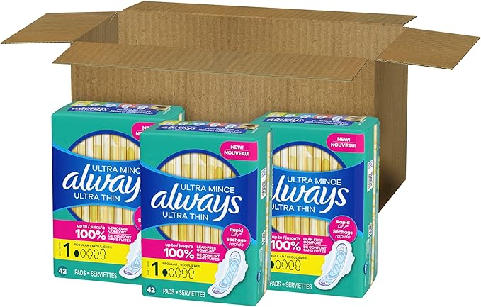 Always Ultra Thin Pads with Wings, Size 1, Regular, 126 Count (3 Packs of 42)