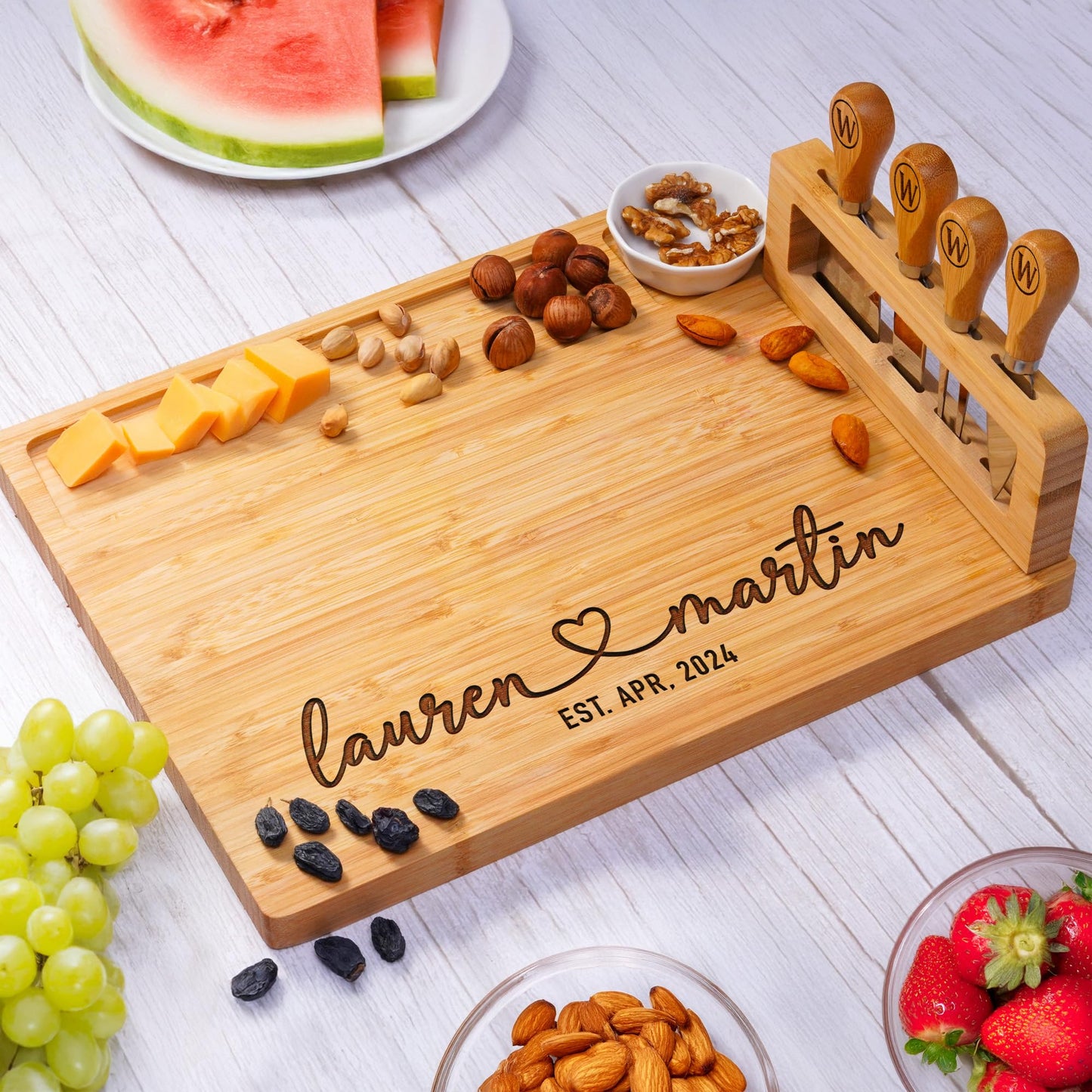 Personalized Charcuterie Board Gifts for Couples – Custom Large Cheese Board with Knife & Utensil Set for Wedding, Anniversary, Birthday, Housewarming, Engagement, Party, New Home, Christmas