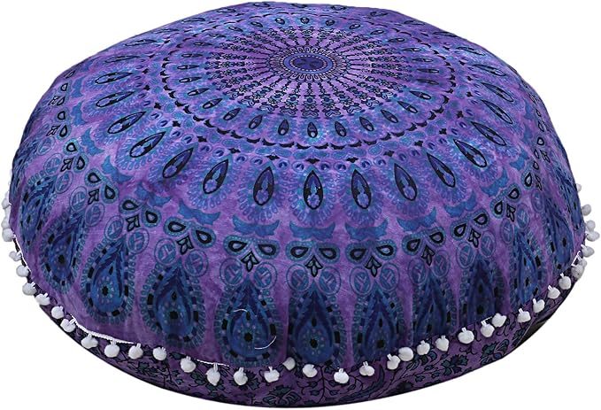 Shubhlaxmifashion Mandala Floor Pillow Cushion Seating Throw Cover Hippie Decorative Bohemian Ottoman Poufs, Pom Pom Pillow Cases,Boho Indian (32 Inches, Purple Dye)