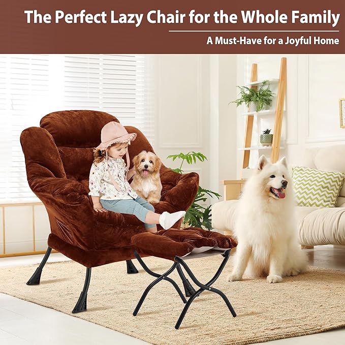 Youtanic Lazy Chair with Folding Ottoman, Accent Chair Plush Upholstered with Metal Structure and Non-Slip Pads, Sofa Armchair with Footrest and Side Storage Bag for Dorm, Room, Office, Brown
