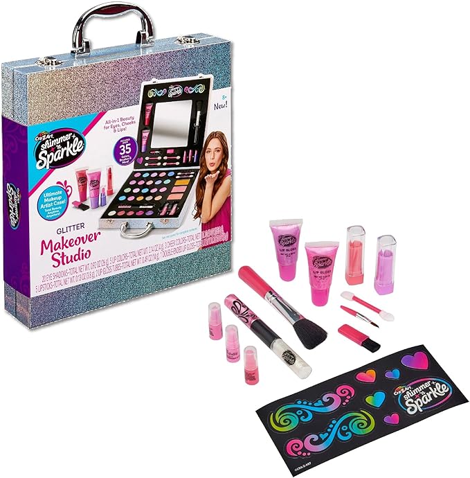 Shimmer 'n Sparkle Glitter Makeover Studio Beauty Kit – All-in-One Beauty for Eye, Cheeks and Lips for Ages 8 and Up
