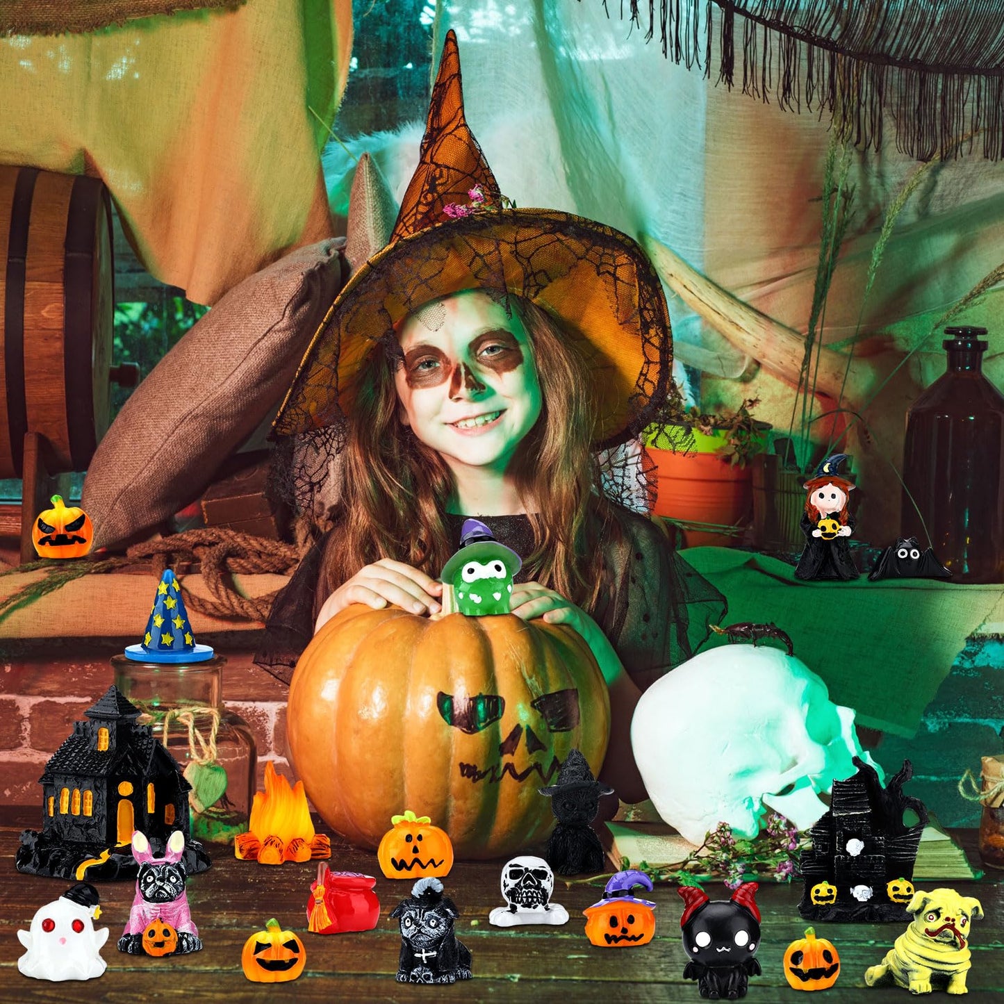 Soaoo 20 Pcs Halloween Miniature Figurines Mini Resin Pumpkin Ghost Ornaments Small Halloween Garden Miniature Landscape for Halloween Party Village Bonsai Crafts Outdoor Home Garden Decor