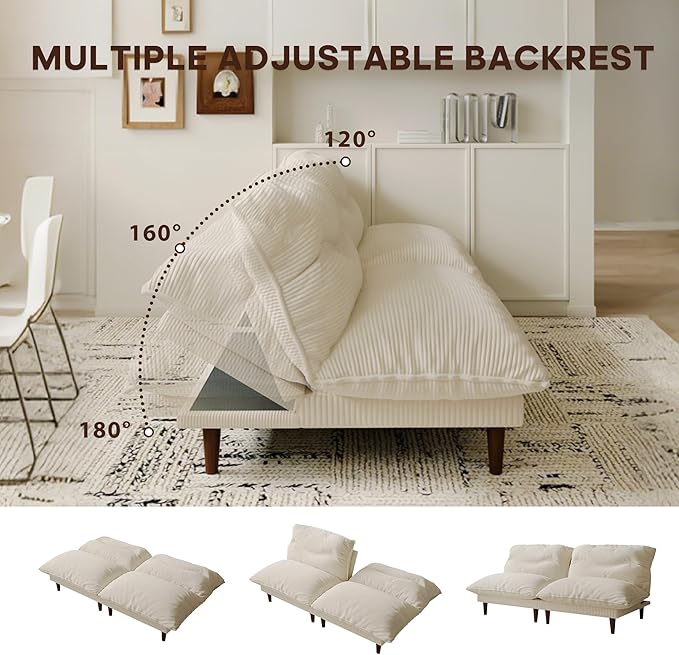 DreamDashio Futon Sofa Bed, 4 in 1 Multi-Functional Futon Couch with Adjustable Backrest, Convertible Sleeper Sofa Bed and Recliner Lounge, Loveseat for Living Room, Apartment, Office, 3 Sets, Beige