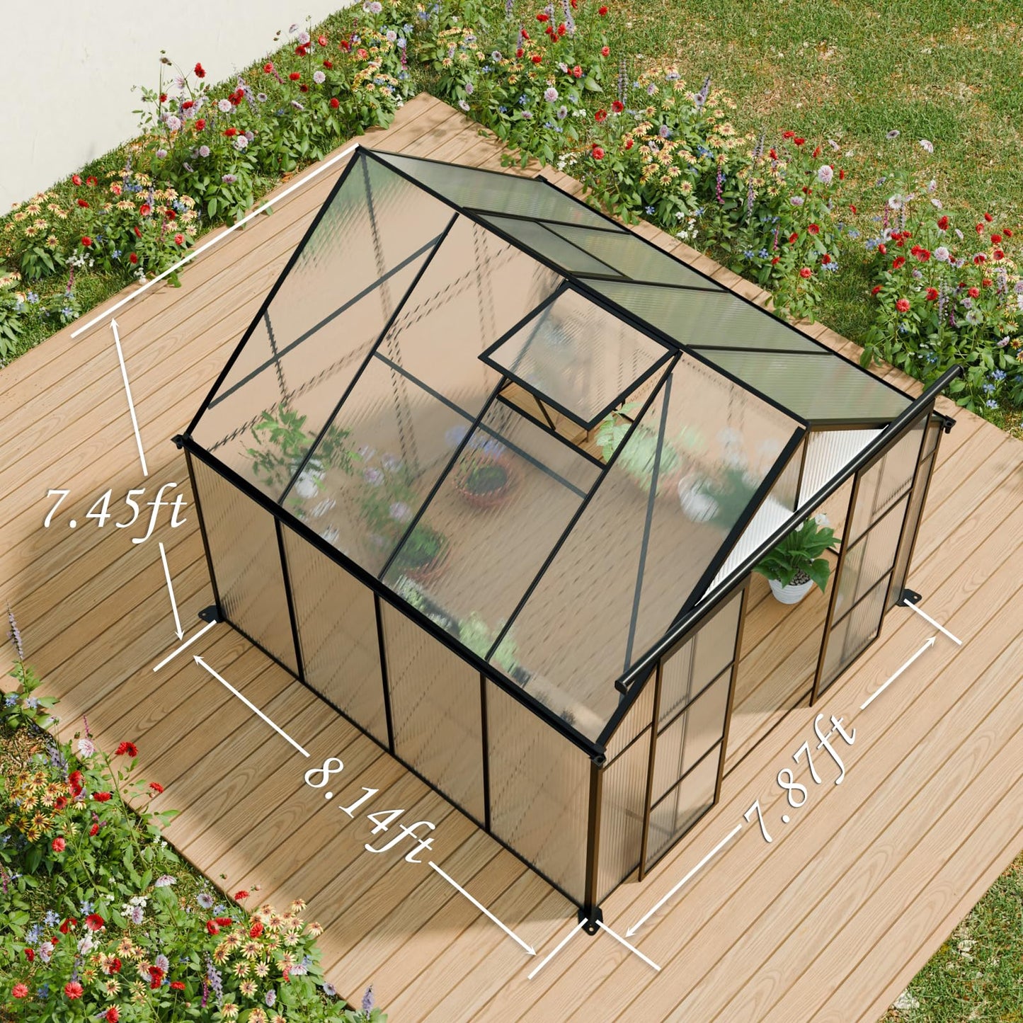 8x8 FT Black Outdoor Walk-in Polycarbonate Greenhouse Dual Sliding Doors Adjustable Roof Vent Aluminum Frame Galvanized Base Heavy Duty Backyard Gardening Plant House UV Resistant Greenhouse Kit