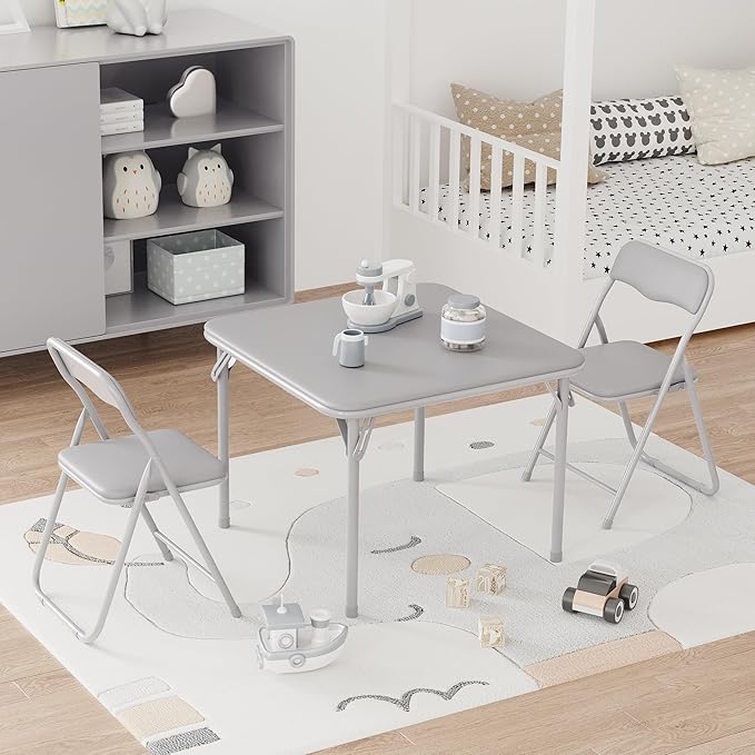 IDEALHOUSE Boys and Girls Folding Table and Chairs Set of 3, Portable Table and Chair with Pu Soft Cushion,Suitable for Ea...