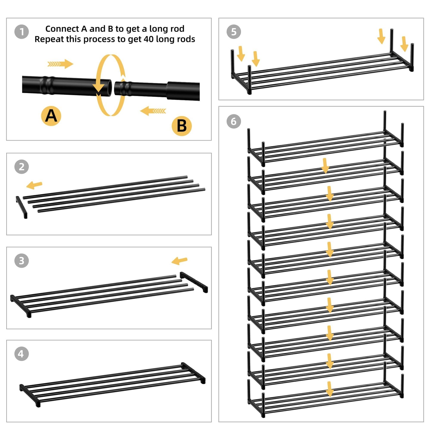 HOMICKER 10-Tier Shoe Organizer - Large Metal Shoe Rack with Hooks, Fits 40-50 Pairs, Ideal for Closet, Entryway, Garage, Bedroom