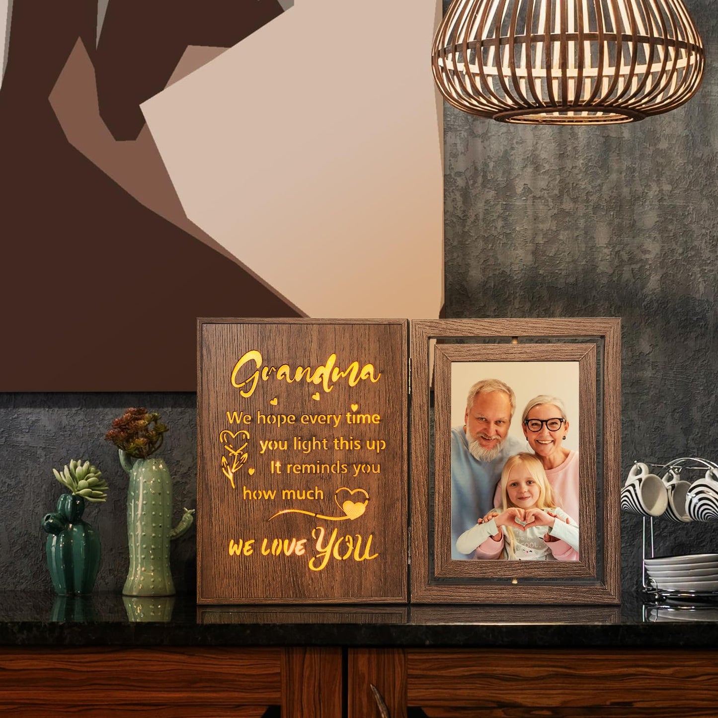 EYITUPC Grandma Picture Frame with Light Up Message – Rotating Double Sided 4x6 Photo Frame – Rustic Brown Gifts for Grandma from Grandkids – Mother's Day Birthday Christmas Gift for Grandma