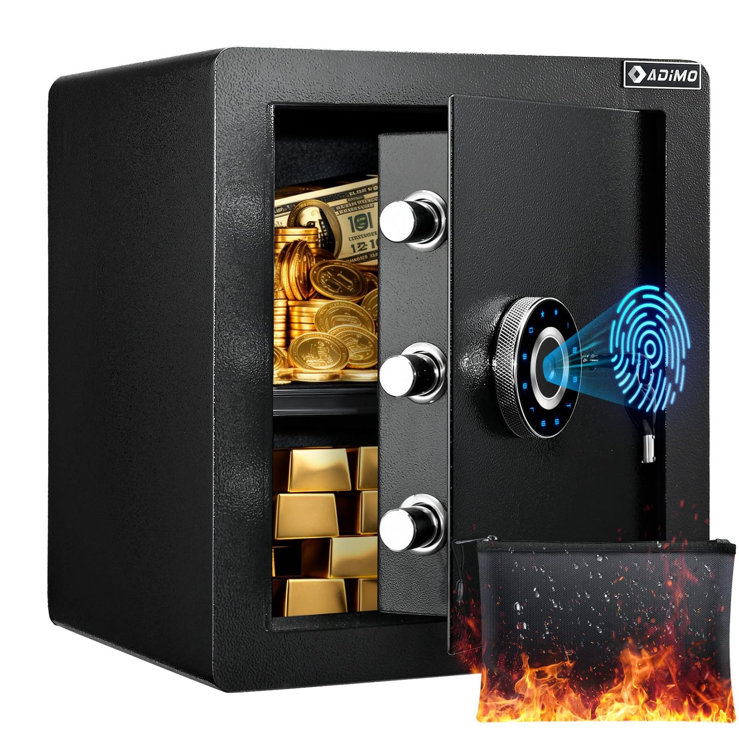 ADIMO Biometric Safe Box, Fireproof 1.6 CuFt Fingerprint Safe w/Touchscreen, Removable Shelf & Alarm System, Money Box for Secure Document & Valuables, for Home Office Hotel
