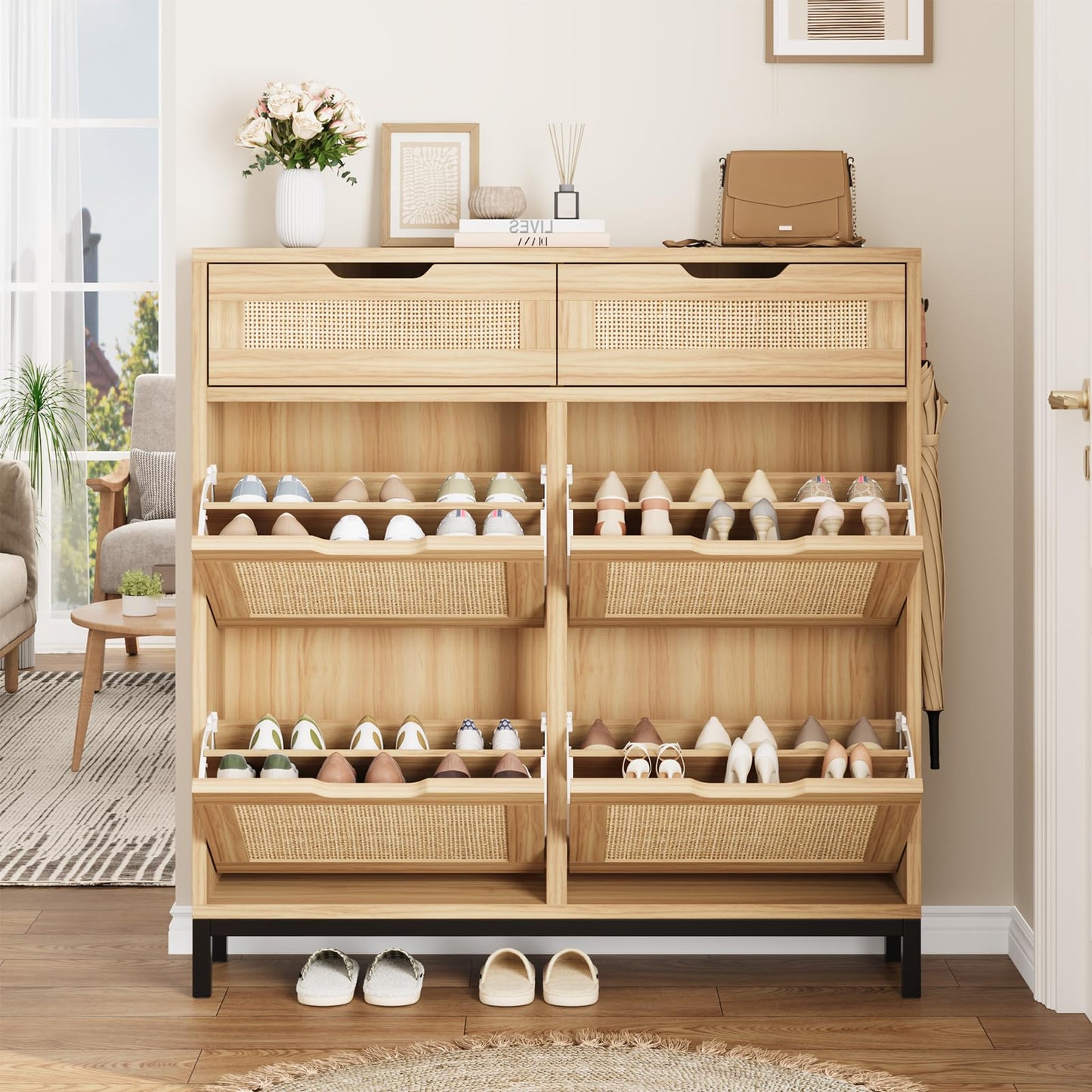 Jocoevol Rattan Shoe Cabinet for Entryway with 4 Flip Drawers & 2 Top Drawers, Freestanding Narrow Shoe Storage Cabinet with Metal Legs for Foyer, Hallway (Natural)
