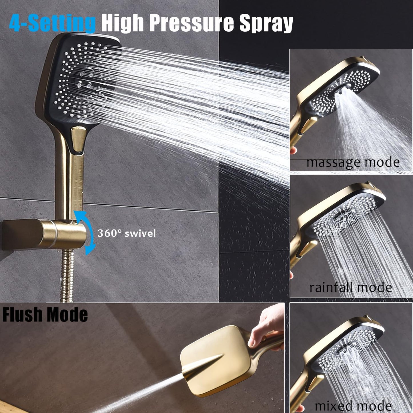 SUNZOE Shower Faucet Set with Tub Spout Brushed Gold 10 Inch Rainfall Shower 4 Setting Spray Mixer Shower System Modern Luxury Wall Mounted Tub Shower Faucet Set Rough-in Valve Body (Brushed Gold)