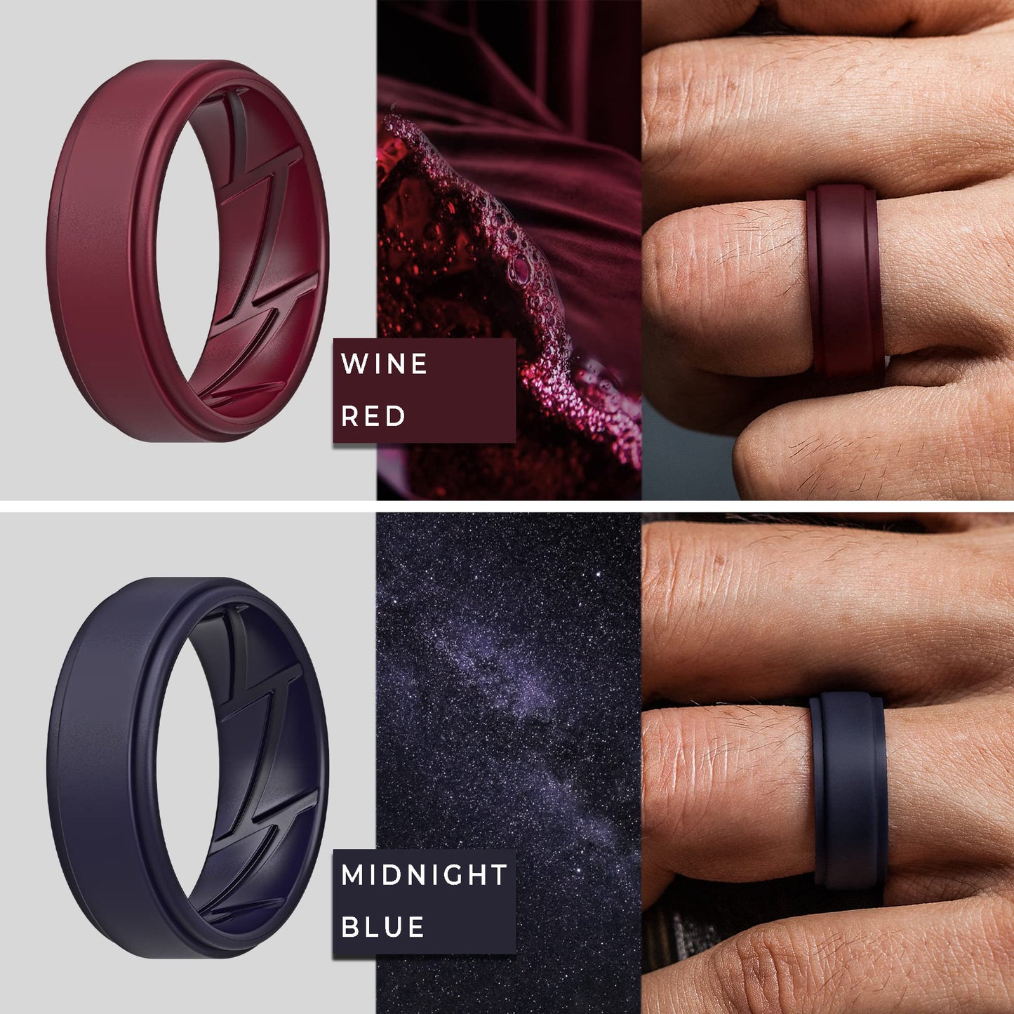 ThunderFit Silicone Wedding Rings for Men Breathable Airflow Inner Grooves, Step Edge Sleek Design Rubber Engagement Bands 8mm W