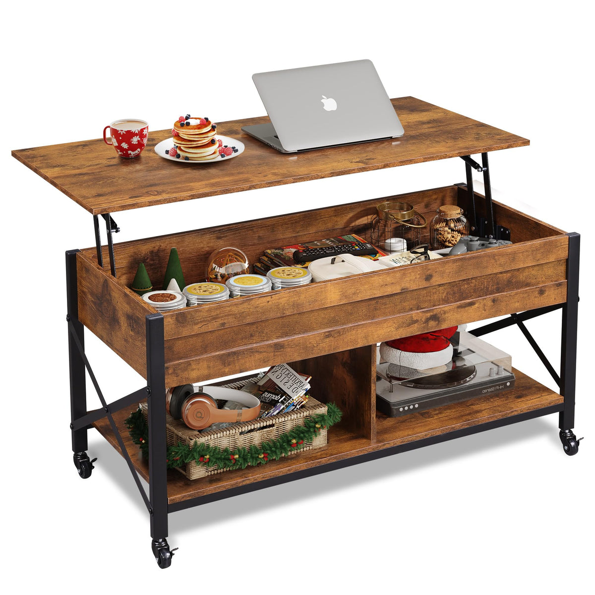 WLIVE Coffee Table, 41.3" Lift Top Coffee Table with 4 Wheels, Hidden Compartment, Storage Shelf and Lift Tabletop for Living Room, Reception Room, Rustic Brown