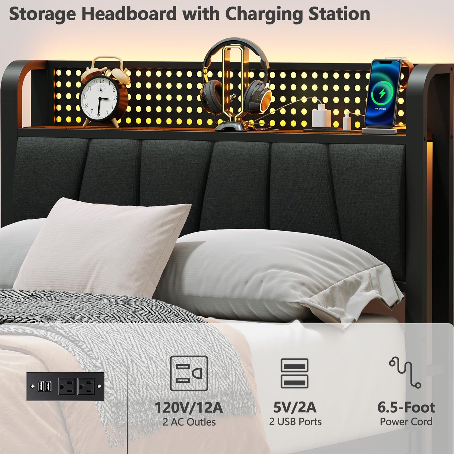 Furnulem Twin Size Bed Frame with LED Light and Charging Station, Grey Upholstered Storage Headboard with Shelf, Metal Platform Bed with Heavy Duty Slats, No Box Spring Needed, Noise Free