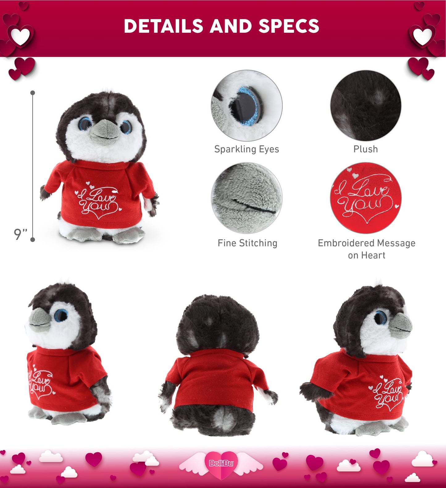 DolliBu I Love You Valentine Plush Grey Penguin - Cute Stuffed Animal with Red Shirt and Name Personalization Gift for Valentines Day, Birthday, Anniversary, Romantic Date - 9 Inches