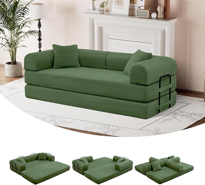 ZQRhome 79" 5-in-1 Convertible Sofa Bed, Premium Sleeper with Reinforced Frame & Plush Corduroy, No Assembly Modular Couch for Lounge, Guest Room & Small Space, Olive Green