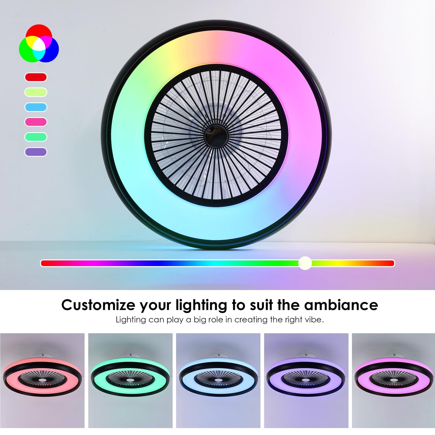 HUMHOLD 24" Bladeless Ceiling Fan with RGB Light Remote, Smart LED Ceiling Fans with Voice/App Control, Modern Low Profile Dimmable Light Ceiling Fan for Bedroom Living Room Black