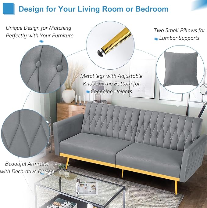 ACMEASE 70” Velvet Futon Sofa Bed with 2 Pillows and Adjustable Armrests, Convertible Sleeper Bed W/Adjustable Backrests, Modern Loveseat for Living Room, Bedroom, Light Grey