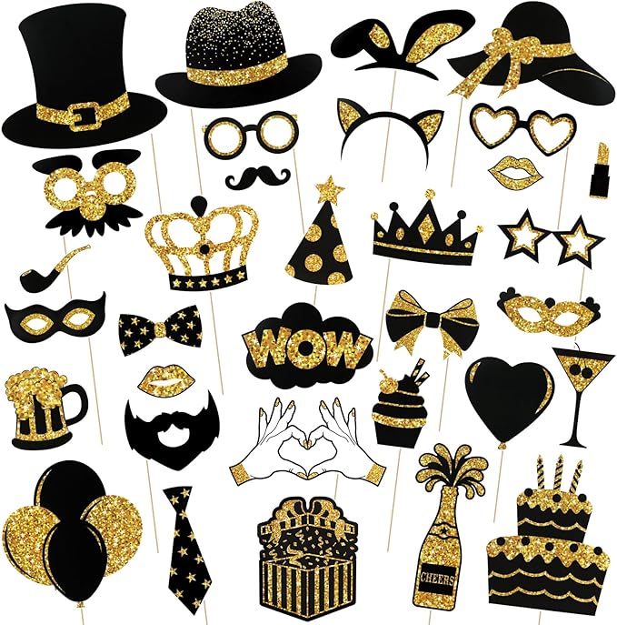 DARCKLE 36PCS Black and Gold Photo Booth Prop, Party Photo Booth Props for Photoshoot Birthday Party Photobooth New Year G...