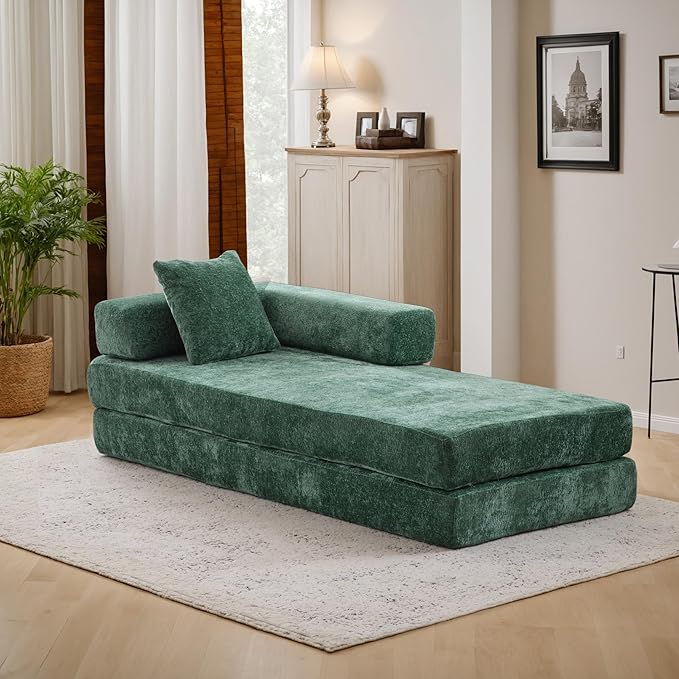 Convertible Couch Sofa Bed Foldable Floor Sleeper | Modern Fold Out Couch | Removable Backrest & Armrests | No Assembly Compression Sofa Sleeper for Living Room, Bedroom | Green Chenille