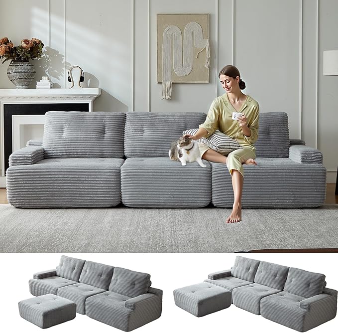 110" Boneless sectional Couch for Living Room,Convertible L-Shape Couches with Ottoman, Cloud Modular Sofa with Deep Seat for Bedroom, Cloud Corduroy, No Assembly,Grey