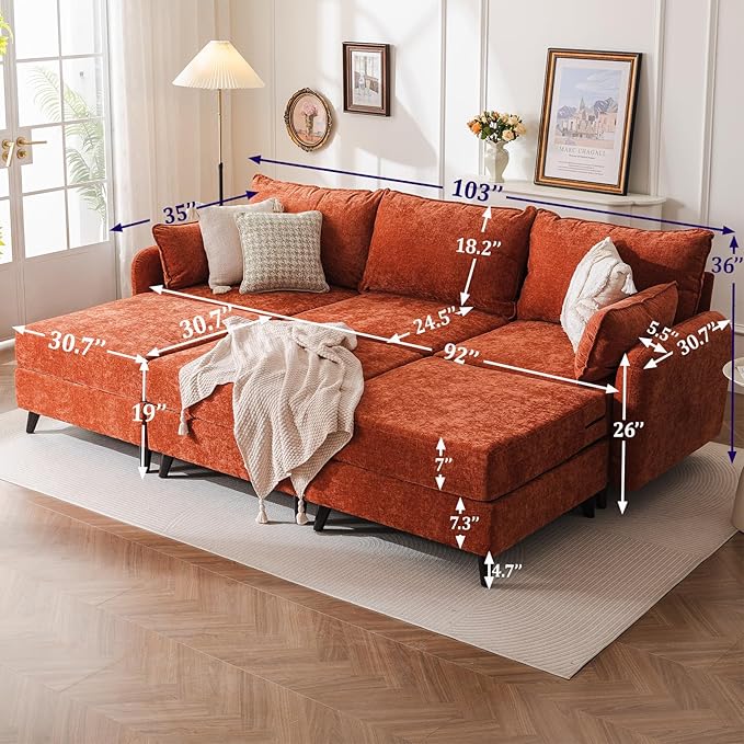 Rexulqo 104'' Modular Sectional Sofa with All Seats Storage, Oversized Sleeper Sofa Bed for Living Room,3-Seater Comfy Cloud Couches with Movable Ottoman,Big Sectional for Bedroom,Velet,Orange