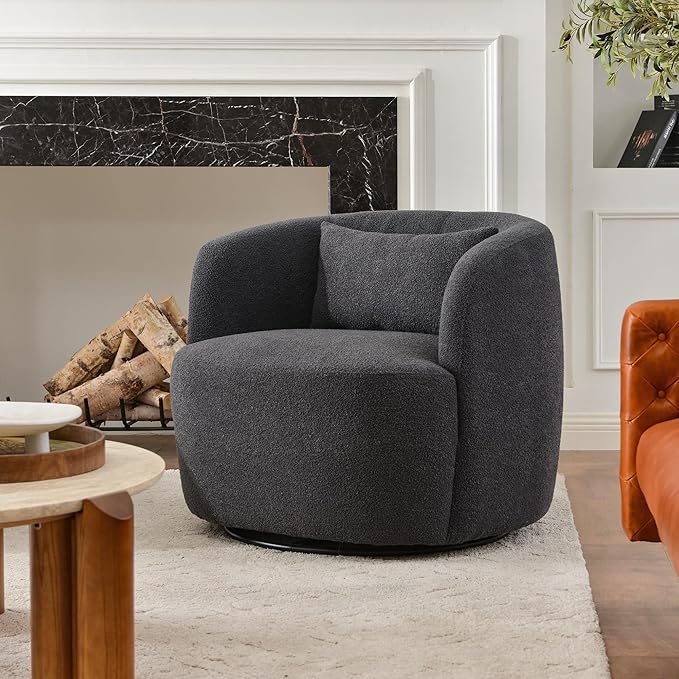 KINWELL 34" Wide Boucle Swivel Barrel Chair, No Assembly Round Upholstered Armchair Accent Chair Single Sofa Chair with Toss Pillow for Living Room and Bedroom, Dark Grey