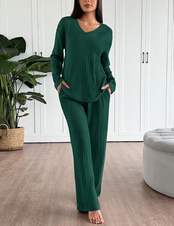 Ekouaer Lounge Sets for Women Long Sleeve Knit Ribbed Pajama Sets 2 Piece Casual Loungewear with Pockets